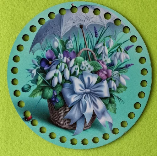 19,5cm Horgolható nyomtatott fa alap Hóvirág  kosár esernyővel zöld háttér  	1db	19,5cm vastagság 2,5mm	
