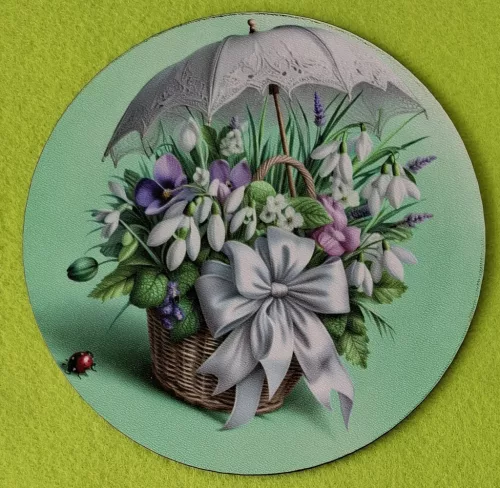 Nyomtatott kerek kopogtató közép Hóvirág  kosár esernyővel zöld háttér  	1db	15cm vastagság 2,5mm	