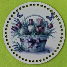   19,5cm Horgolható nyomtatott fa alap Hóvirág  Tulipános  kosár pillangóval 	1db	19,5cm vastagság 2,5mm	