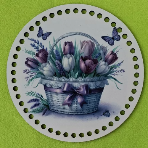 19,5cm Horgolható nyomtatott fa alap Hóvirág  Tulipános  kosár pillangóval 	1db	19,5cm vastagság 2,5mm	
