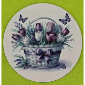   Nyomtatott kerek kopogtató közép Tulipános  kosár pillangóval 	1db	15cm vastagság 2,5mm	