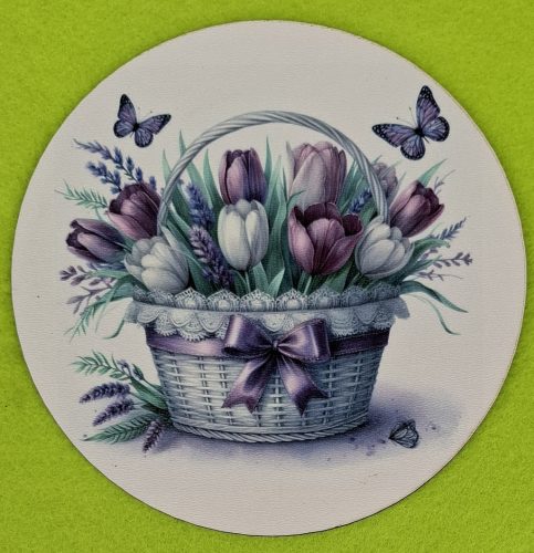 Nyomtatott kerek kopogtató közép Tulipános  kosár pillangóval 	1db	15cm vastagság 2,5mm	