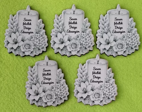 Nyomtatott ,fa alapú HDF(nem tömörfa) Kegyeleti gyertya Sosem feledlek Drága Édesanyám	5db/csomag	5,8x6,7cm vastagság 2,5mm	