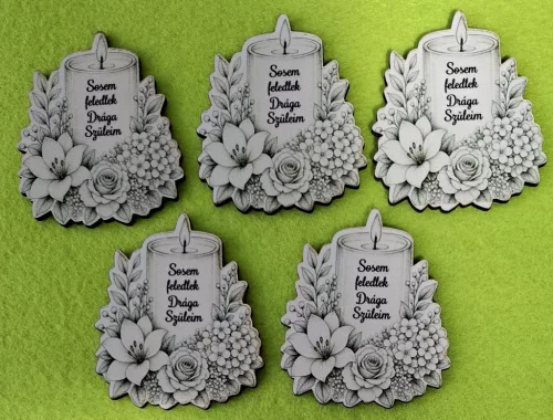 Nyomtatott ,fa alapú HDF(nem tömörfa) Kegyeleti gyertya Sosem feledlek Drága Szüleim	5db/csomag	5,8x6,7cm vastagság 2,5mm	