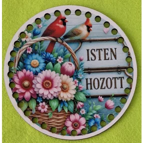   15cm Horgolható  ,Fa alapú HDF(nem tömörfa)   7 mm lyukkal   Virágcsokor fonott kosárban papagájjal ,  Isten Hozott  felirattal	1db	15cm vastagság 2,5mm	