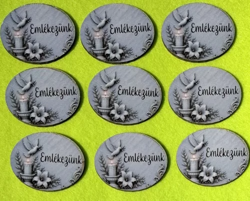 Kőmintás Ovális tábla Emlékezünk felirattal .	9db/csomag	4,5cm x3,5cm vastagság 2,5cm	