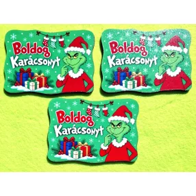    Nyomtatott Fekvő Grincs táblácska “Boldog Karácsonyt” felirattal	3db/csomag	6x4cm vastagság 2,5mm	