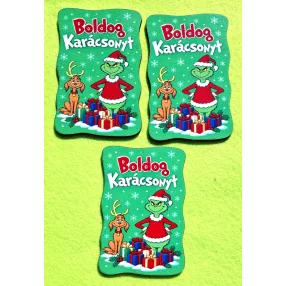    Nyomtatott álló  Grincs táblácska “Boldog Karácsonyt” felirattal	3db/csomag	6x4cm vastagság 2,5mm	