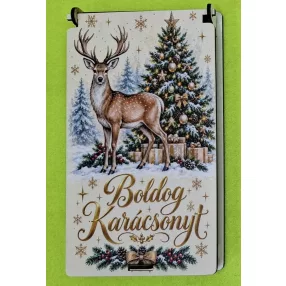    Nyomtatott ,lapraszerelt  pénzátadó doboz, szarvas karácsonyfa előtt ,Boldog Karácsonyt   felirattal	1szett	10x18cm magasság 1,5cm  vastagság 3mm	