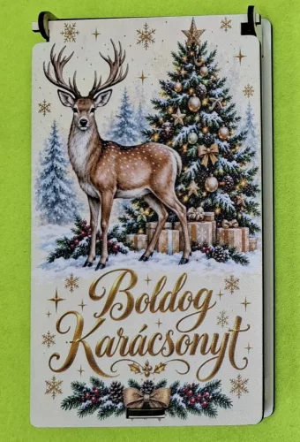  Nyomtatott ,lapraszerelt  pénzátadó doboz, szarvas karácsonyfa előtt ,Boldog Karácsonyt   felirattal	1szett	10x18cm magasság 1,5cm  vastagság 3mm	