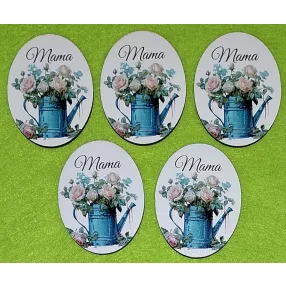   Nyomtatott fa ovális tábla Locsoló kana fehér   rózsa Mama  felirattal 	5db/csomag	5x6,5cm vastagság 2,5mm	