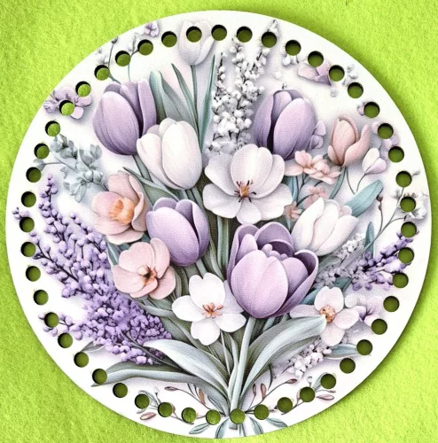 19,5cm Horgolható nyomtatott fa alap 7 mm lyukkal Lila tulipános   	1db	19,5cm vastagság 2,5mm	
