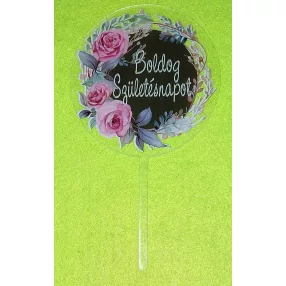   Plexi tortadísz Fekete színű,Rózsaszín színű rózsás  háttérrel   Boldog születésnapot  felirattal	1db/csomag	10x18cm vastagság 2mm	