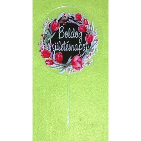   Plexi tortadísz Fekete színű,piros tulipános  háttérrel    Boldog születésnapot  felirattal	1db/csomag	10x18cm vastagság 2mm	