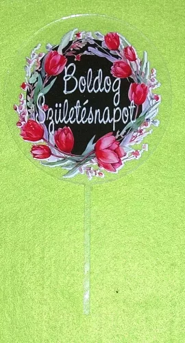 Plexi tortadísz Fekete színű,piros tulipános  háttérrel    Boldog születésnapot  felirattal	1db/csomag	10x18cm vastagság 2mm	
