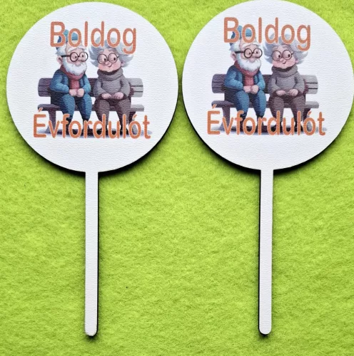 Nyomtatott ,fa alapú HDF(nem tömörfa) ,  tortadísz  Padon ülő idős pár    Boldog évfordulót   felirattal 	2db/csomag	8x16cm vastagság 2,5mm	