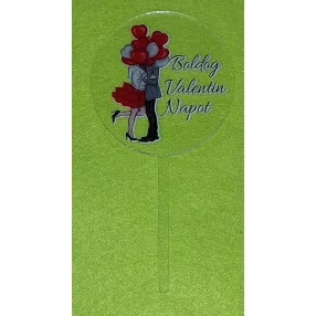   Plexi tortadísz  Szerelmes pár lufikkal     Boldog Valentin napot felirattal 	1db/csomag	8x16cm vastagság 2mm	