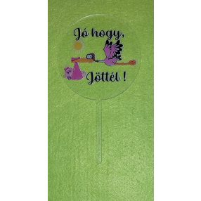    Plexi tortadísz  Rózsaszín gólya babával Jó hogy , jöttél  felirattal 	1db/csomag	10x18cm vastagság 2mm	