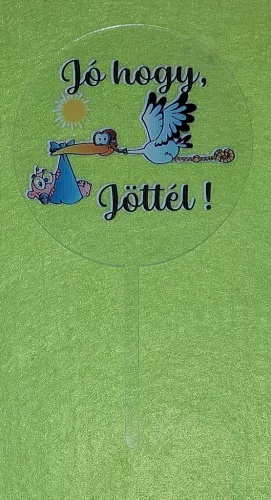 Plexi tortadísz  Világoskék  gólya babával Jó hogy , jöttél  felirattal 	1db/csomag	10x18cm vastagság 2mm	
