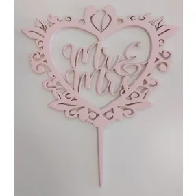   Rózsaszín színű ,nyír rétegelt lemez beszúrós dísz Szív madarakkal  Mr & Mrs	1db	14,5x16,5cm