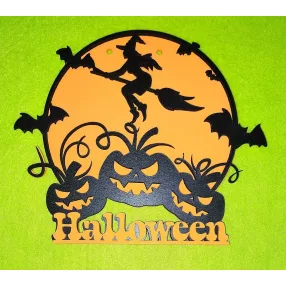   Lapra szerelt Fekete és narancssárga 15cm kopogtató közép Repülő boszorkány  Halloween felirattal 	1szett	15x15cm 