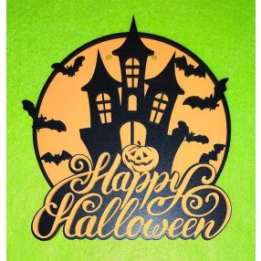   Lapra szerelt Fekete és narancssárga 15cm kopogtató közép Szellemházzas  Happy  Halloween felirattal 	1szett	15x16cm 