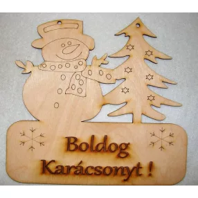   Natúr,nyír rétegelt lemez Ajtódísz, Boldog Karácsonyt! Hó ember és fenyő 	1db 	21x20cm 