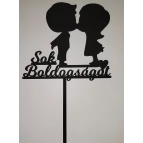   Fekete színű,nyír rétegelt lemez beszúrós dísz Kis fiú kis lány Sok Boldogságot felirattal 	1db/csomag	11x17,5cm 