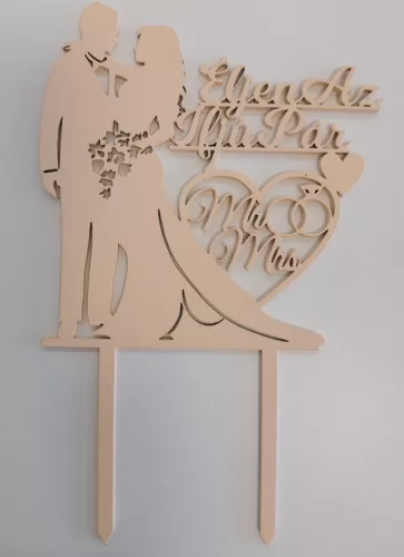  Barackvirág színű nyír rétegelt lemez  beszúrós dísz  Szemben álló pár virág csokorral  Éljen az ifjú pár felirattal 	1db/csomag	12x19cm 