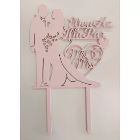   Rózsaszín színű,nyír rétegelt lemez  beszúrós dísz Szemben álló pár virág csokorral  Éljen az ifjú pár felirattal 	1db/csomag	12x19cm 