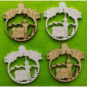   Natúr és Fehér színű ,fa  alapú HDF(nem tömörfa)   karácsonyfa disz templommal 8x8cm 4db/csomag