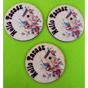   8cm Kerek Nyomtatott fa   Hello Tavasz  tábla Madáretetős 	3db/csomag	