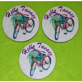   8cm Kerek Nyomtatott fa   Hello Tavasz  tábla Kerékpárral 	3db/csomag	