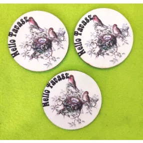   8cm Kerek Nyomtatott fa   Hello Tavasz  tábla Madár pár fészekkel 	3db/csomag	