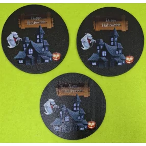   8cm kerek  Nyomtatott ,fa alapú HDF(nem tömörfa) tábla Szellem bilincsel Fekete színű,háttér Happy Halloween felirattal	3db/csomag	