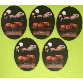   7cm Ovális Nyomtatott fa  tábla Happy halloween 3db tökkel 	5db/csomag	 