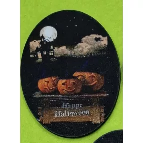   7cm Ovális Nyomtatott ,fa alapú HDF(nem tömörfa) , tábla Happy halloween 3db tökkel 	5db/csomag	 
