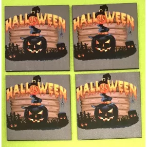   7x7cm Négyzet  Nyomtatott fa   tábla  Halloween felirattal fekete tökökkel 	4db/csomag	