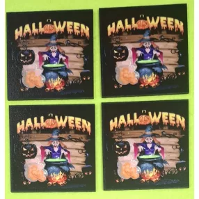   7x7cm Négyzet  Nyomtatott fa   tábla Mérget keverő boszorkány   Halloween felirattal	4db/csomag