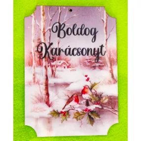   Karácsonyi kopogtató   Nyomtatott fa    Madárkás Boldog karácsony felirattal	1db	12,5x17,5cm 