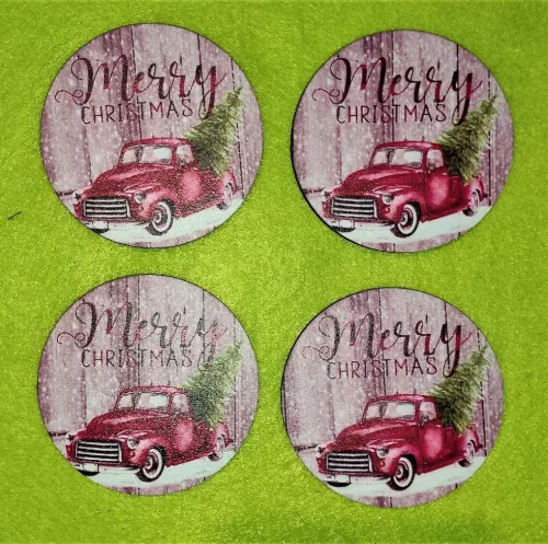 6,5cm kör  Nyomtatott Piros autó Merry Cristmas 	4db/csomag	