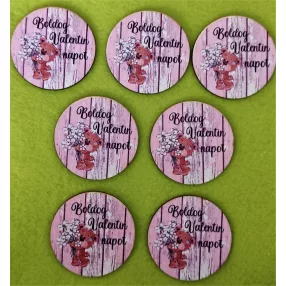   5cm kör Nyomtatott fa Macika virágcsokorral Boldog Valentin napot  felirattal 	7db/csomag	