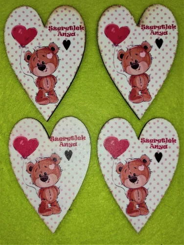 Nyomtatott Fa   Pettyes Francia szív Lufis macival Szeretlek anya felirattal 	 4db!csomag	6x8,5cm 