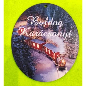   Nyomtatott fa Kopogtató ovális tábla Piros vonattal Boldog Karácsonyt felirattal	1db	15x12,5cm 