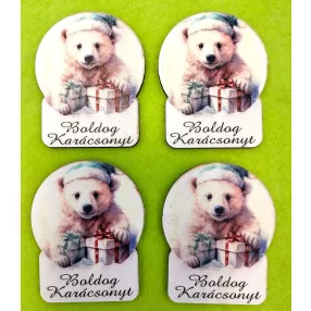   Nyomtatott  fa Jeges macis Tábla Boldog Karácsonyt felirattal 	4db/csomag	5x6cm 