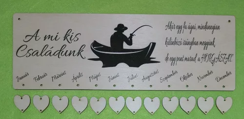 Nyomtatott ,fa alapú HDF(nem tömörfa)    Horgász   Naptár tábla Családi ünnepeink felirattal 12db táblával 	1szett	35x12cm 