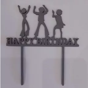   Szürke színű ,fa alapú HDF(nem tömörfa) ,nyír rétegelt lemez beszúrós dísz Happy Birthday táncoló fiatalokkal	1db	14x15,5cm 