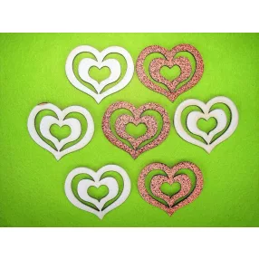  Csillámos ,fa alapú HDF(nem tömörfa)   lyukas  szív	7db/csomag	5,5x6,5cm   