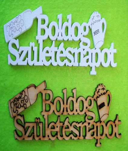 Fehér és natúr színü   ,Nyír rétegelt lemez boldog születésnapot boros	2db/csomag	15x6cm 