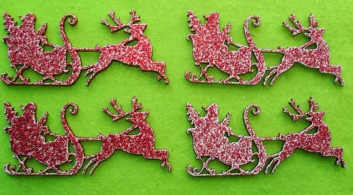 Piros csillámo,fa alapú HDF(nem tömörfa)  télapó szánkóval	4db/csomag	5x10,5cm vastagság 3mm	